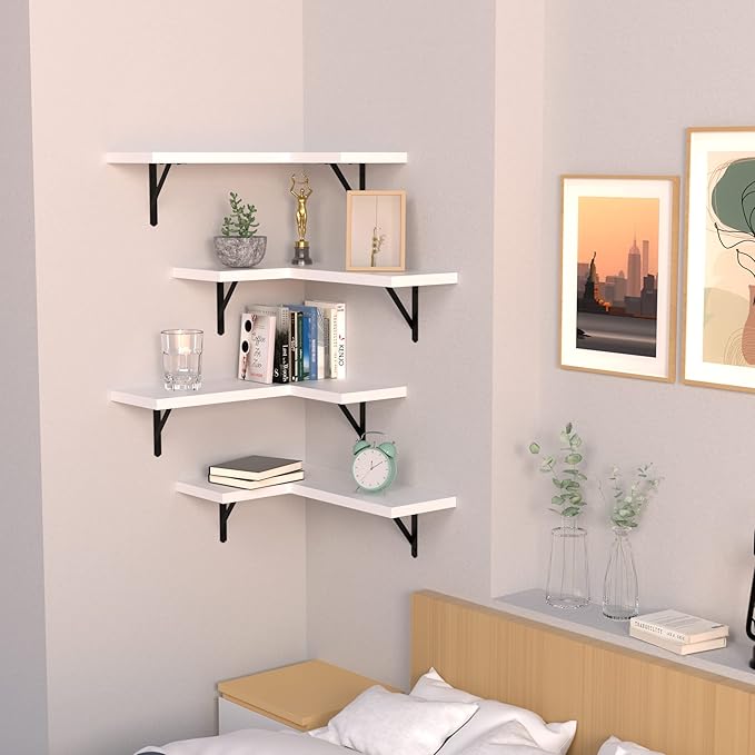 NATURE'S SOURCE Corner Floating Shelves Set of 4, Corner Shelves Wall Mounted, for Bedroom Kitchen Living Room Bathroom Office- Modern Style (White, Set of 4)