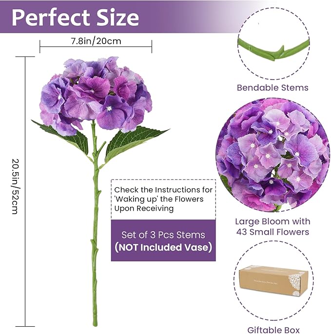 3Pcs 21” Hydrangea Artificial Flowers, Large Real Touch Hydrangea, Lifelike Faux Purple Hydrangeas, Fake Hydrangea Stems Perfect for Home Decor, Wedding, Party, Christmas,Centerpiece Decor - Purple