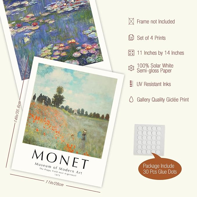 Claude Monet Artwork Paintings - UNFRAMED Wall Art Posters, Famouse Painting Prints, Vintage Decor for Living Room & Bathroom - 11"x14"