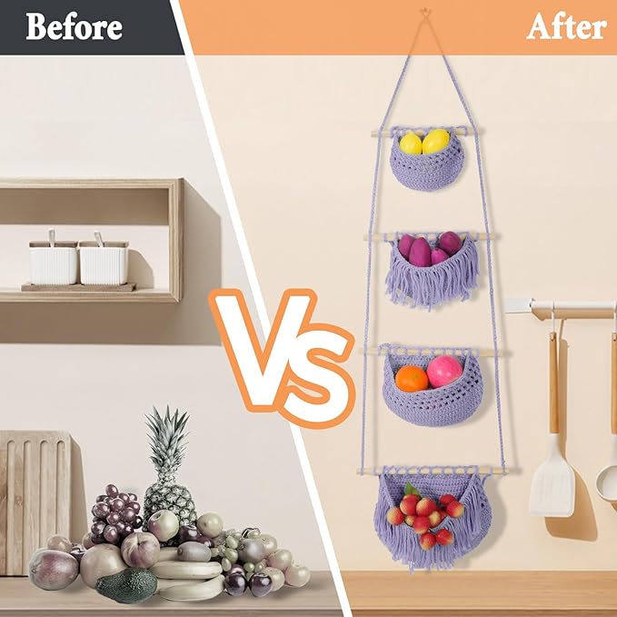 4 Tier Hanging Fruit Basket for Kitchen, Purple Boho Cotton Crocheted Produce Holder for Bathroom Bedroom, Detachable Wall Hanging Basket Shelves Over Door Organizer for Fruit Veggie Plant