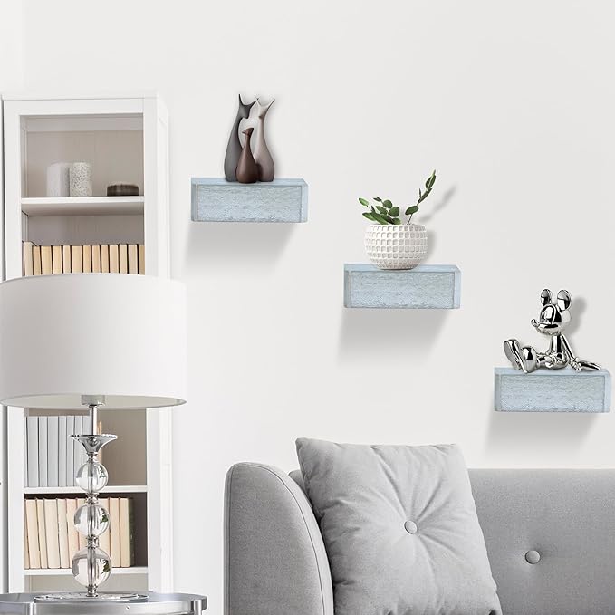 Small Floating Shelf,Set of 3 Display Ledges for Wall,Mini Shelves,Rustic Wood Shelf for Bedroom Living Room Bathroom Kitchen (6 Inch, Vintage Grey)