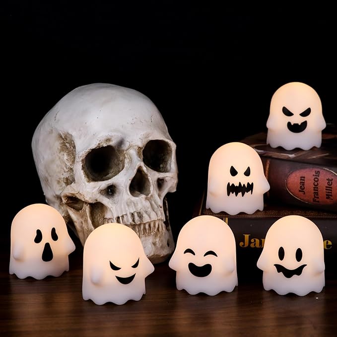 DRomance Ghost Flickering Flameless Candles Battery Operated with Remote and Timer 6 Pack Spooky White LED Tea Lights Candles Dimmable Light Halloween Indoor Decoration Gifts(2 x 2.4 Inches)