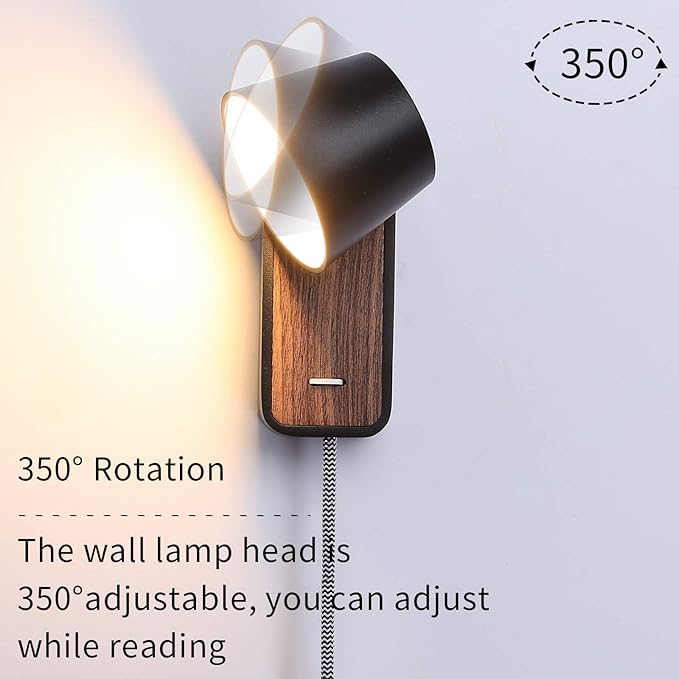 Modern Wall Lamp with Plug in Cord for Bedrooms Hallway Living Room, Indoor Contemporary Mounted Lighting Fixture,Nordic Bedside Rotatable Reading Lights, Up Down Black Wooden Sconces with Switch