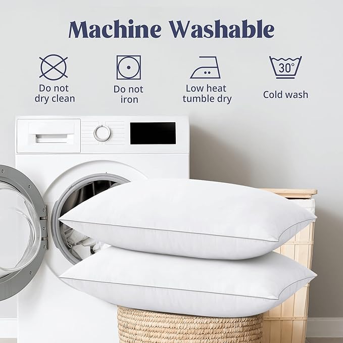 puredown® Goose Feathers Bed Pillows, 100% Cotton Cover, Standard Size Hotel Collection Pillows Set of 2 for Sleeping with Silver Piping, Feather and Polyester Filling