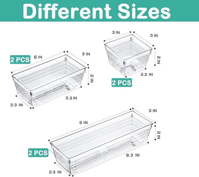 6 Pack Clear Drawer Organizer, Acrylic Drawer Storage Trays, Storage Bins for Makeup, Cosmetics, Jewelries, Utensils, Gadgets, Office