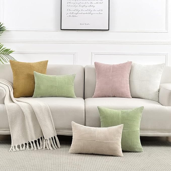 Fancy Homi 2 Packs Cream White Decorative Throw Pillow Covers 20x20 Inch for Living Room Couch Bed Sofa, Farmhouse Boho Home Decor, Soft Corss Corduroy Patchwork Accent Square Cushion Case 50x50 cm