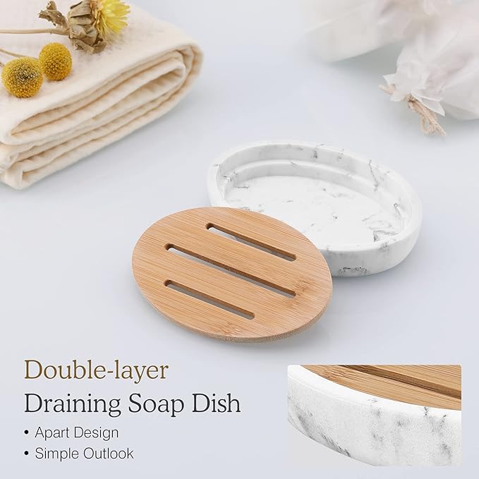 Luxspire Soap Dish Tray, Resin Soap Dish, Bamboo Soap Bar Holder Box for Shower Kitchen Sink, Double Layer Draining Soap Container Box, Wood Case, Bathroom Marble Pattern Tray, Gravel White