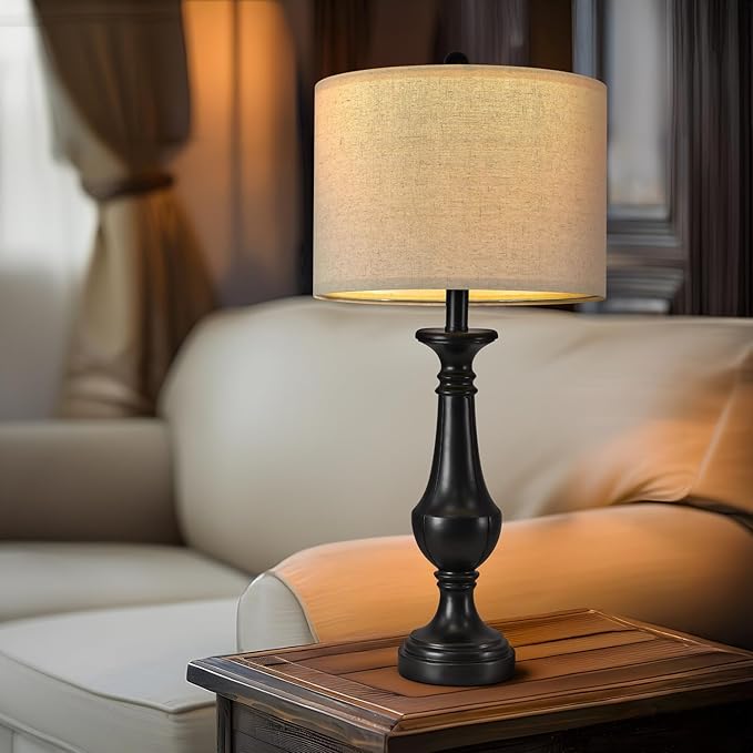 PoKat 27.5" Farmhouse Table Lamp for Living Room, Mid Century Tall Table Lamp for Bedroom, Bedside Lamps for Night Stands, Wood Bedroom Lamp for End Table, Traditional Lamp, Distressed Black