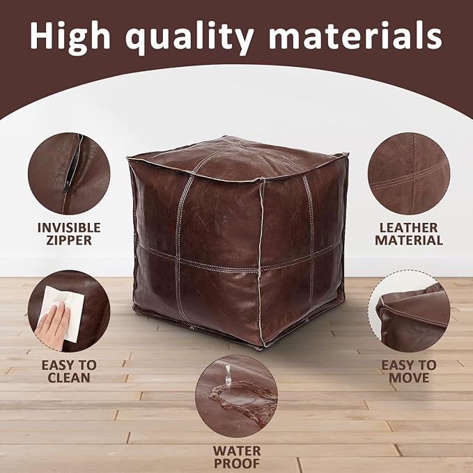 Unstuffed Pouf Ottoman Cover, Handmade Faux PU Leather Moroccan Pouffe Ottomans, Coffee 17.7" Cube Ottoman Foot Rest for Living Room, Floor Chair for Christmas Decorations Gift, ONLY COVER