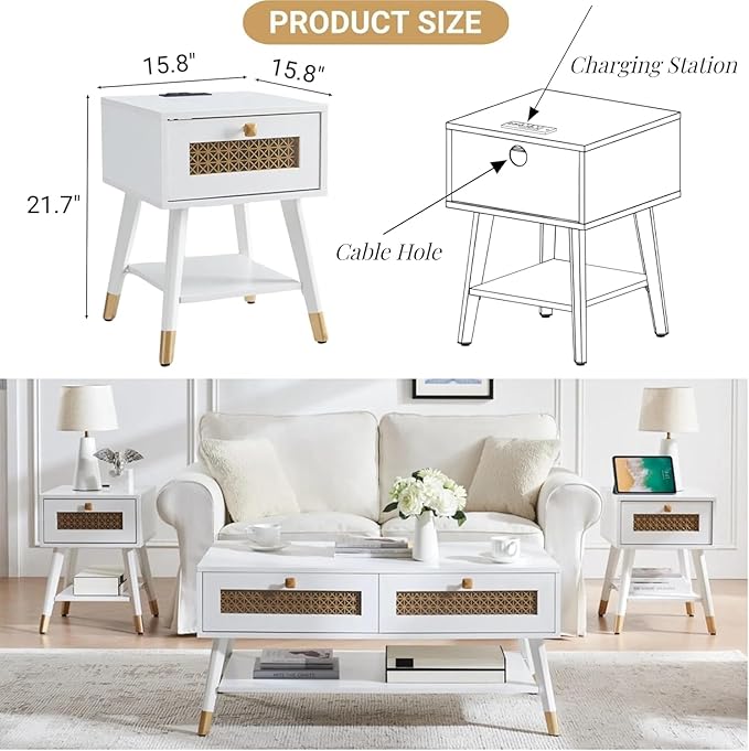 Mid Century Modern End Table Set of 2, Side Table with Charging Station - Small Nightstand with USB Ports & Outlets, Storage Drawer & Open Shelf, White Wood Furniture for Living Room, Bedroom, Office
