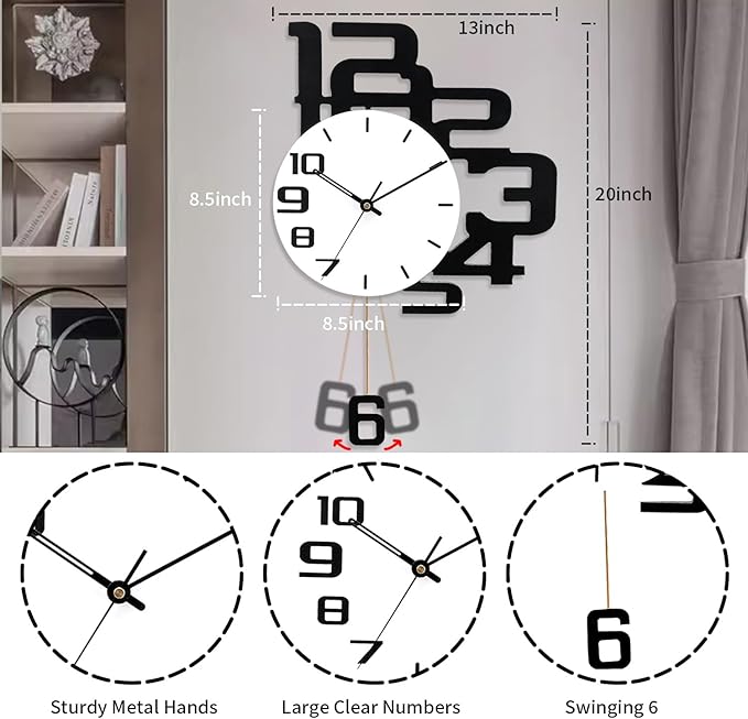 Decorative Wall Clocks with Pendulum, Battery Operated Silent Non-Ticking, Large Wall Clock for Living Room Bedroom Office Kitchen Home Decor,13x20inch