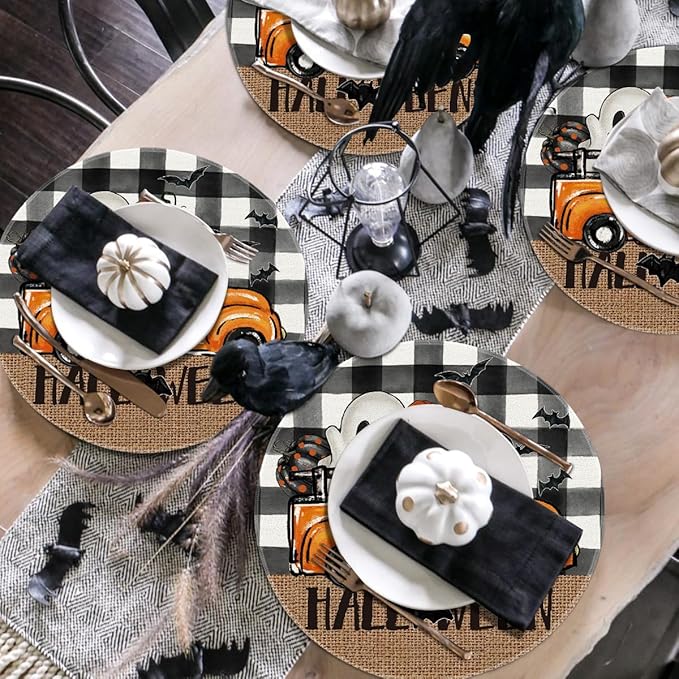 Artoid Mode Ghost Truck Halloween Round Placemats Set of 6, 14 Inch Holiday Bat Round Table Mats for Party Kitchen Dining Decoration