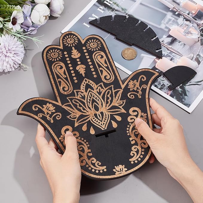 CREATCABIN Hamsa Crystal Display Shelf Hamsa Hand Wooden Wall Decor Crystal Holder Shelves Lotus Wall Mounted Floating Shelf Stand for Witch Stuff Altar Supplies Spiritual Gift Black 9.8 x 11.8Inch