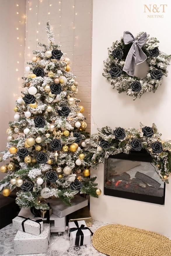 N&T NIETING Artificial Flowers Glowing Black Flowers Foam 50pcs Glitter Roses Real Looking Fake Roses with Stem for DIY Wedding Bouquets Centerpieces Bridal Shower Party Home Decorations