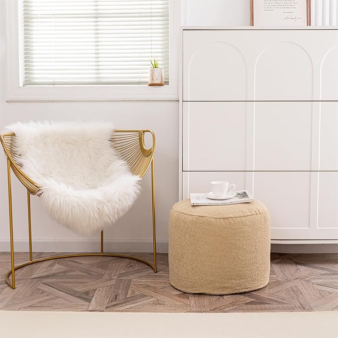 Asuprui Supportive Boucle Ottoman Foot Rest Elevate Your Living Room Decor with Lightweight Pouf Ottoman Filler and Comfort Cover Modern Foam Stuffed Poof Perfect to Rest Your Feet (Light Coffee)