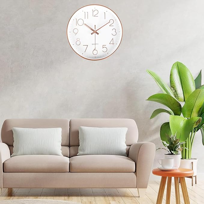 Wall Clock Battery Operated Non-Ticking Modern Analog Wall Clocks for Living Room, Kitchen, School (12Inch, Rose Gold)