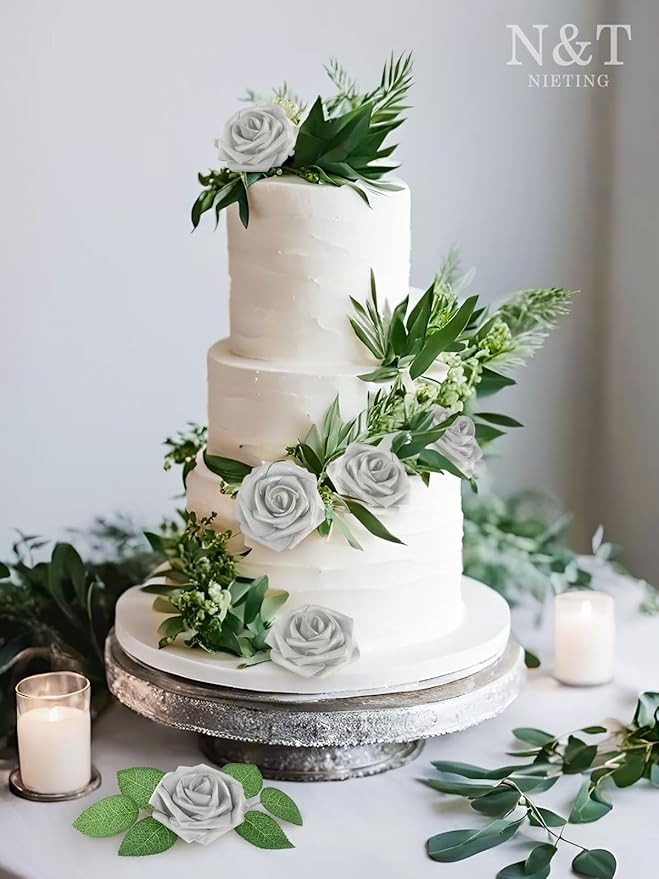 N&T NIETING Artificial Flowers, 50pcs Fake Flowers Roses with Stem for DIY Wedding Bouquets Centerpieces Bridal Shower Party Home Decoration, Silver White