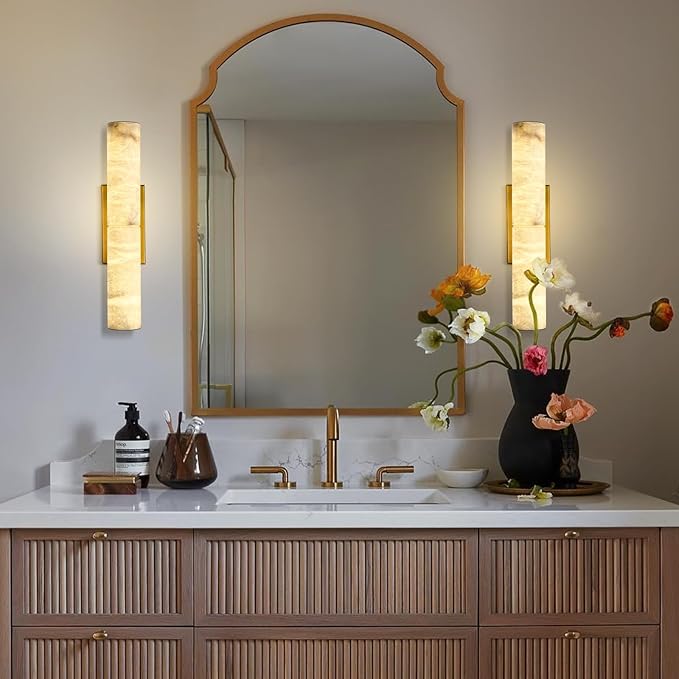 Brass Alabaster Wall Sconces, 20" Natural Marble Wall Sconce, Hardwired Gold Wall Sconces Indoor, Stone Wall Sconce Dimmable, Alabaster Wall Lamp for Living Room, Bathroom, Bedroom, Hallway-Upgraded