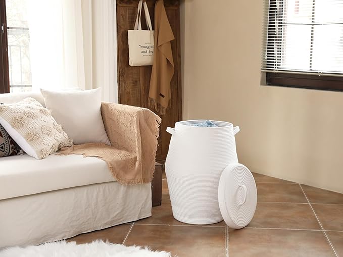 26" x 20" Tall Extra Large Storage Basket with Lid, Cotton Rope Storage Baskets, Woven Laundry Hamper with Cover, Cloth Storage Bin, for Clothes Towels in Living Room, All White