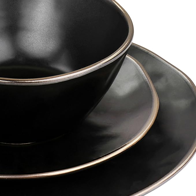 Elama Modern 16 Piece Stoneware Dinnerware Set in Matte Black with Gold Rim (ELM-MATTE)