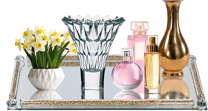 Mirrored Vanity Tray, Crushed Diamond Filled Crystal Glass Cosmetic Makeup Tray, Sparkle Perfume Jewelry Trinket Countertop Decorative Tray, for Home Party Hotel Banquet Dresser Bathroom Bedroom, Gold
