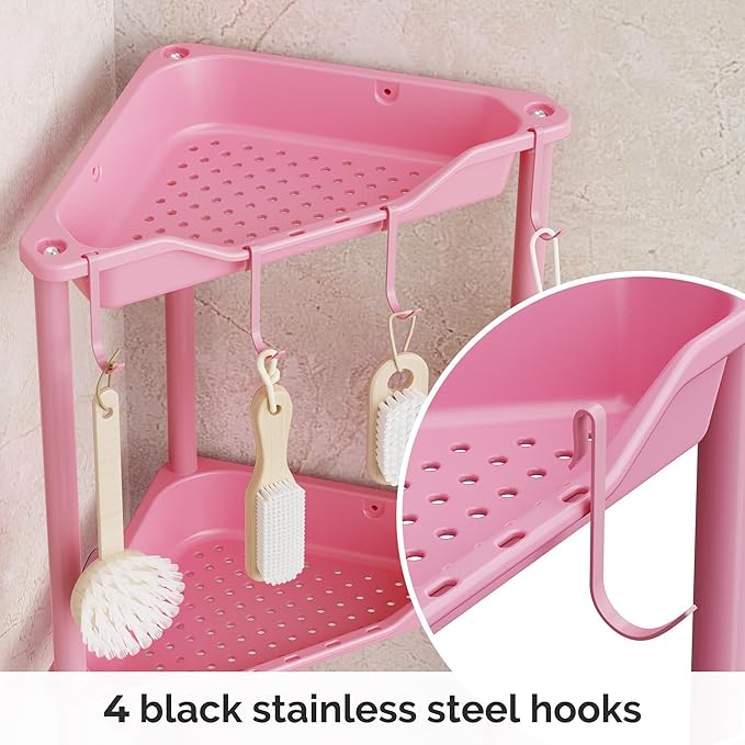 Orimade Rustproof 5 Tier Floor Standing Corner Shower Caddy Organizer, Plastic Metal Splicing Floor Corner Shelf Rack Stands for Bathroom, Pink