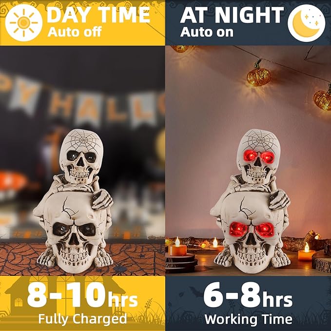 Halloween Skull Decor Resin Skeleton Head Stack Solar Garden Statue Unique Garden Decor for Outside Yard Porch Lawn, Ideal