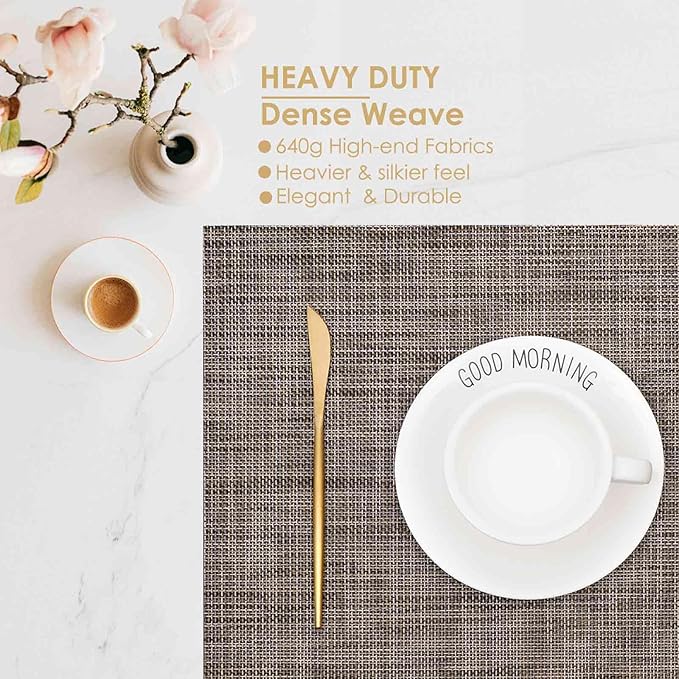 GIVERARE Placemats Set of 4, Heat-Resistant Woven Vinyl Placemat 12x18in, Non-Slip Washable PVC Table Mat, Easy to Clean Premium Plastic Mats for Dining, Kitchen Table (Caramel)