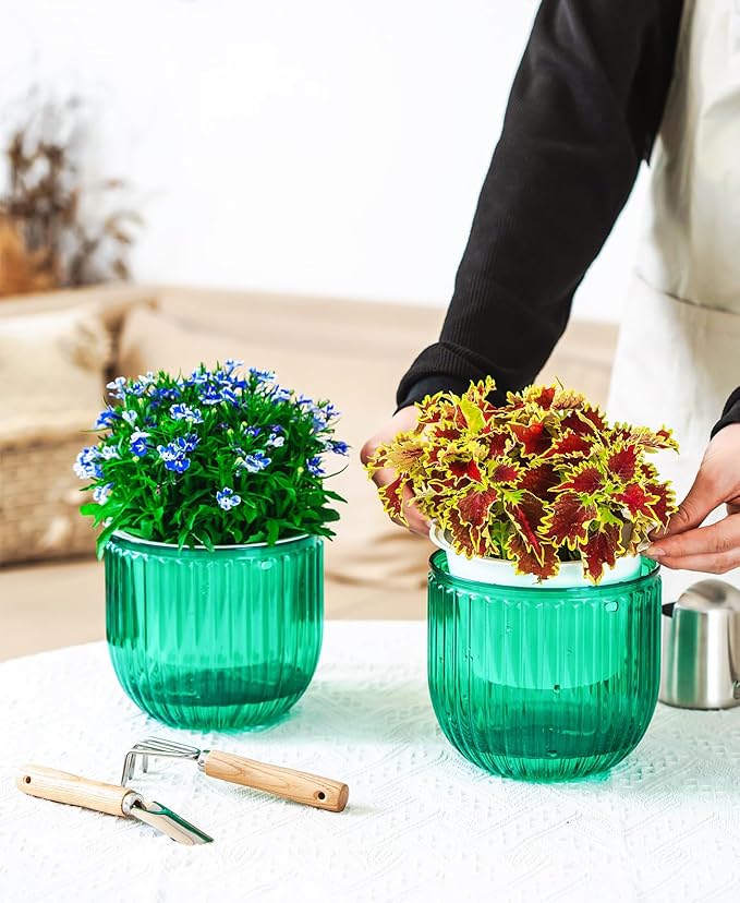 Melphoe 2 Pack Self Watering Hanging Planters Indoor Flower Pots, 6.5 Inch Outdoor Hanging Basket, Plant Hanger with 3Hooks Drainage Holes for Garden Home (Emerald)