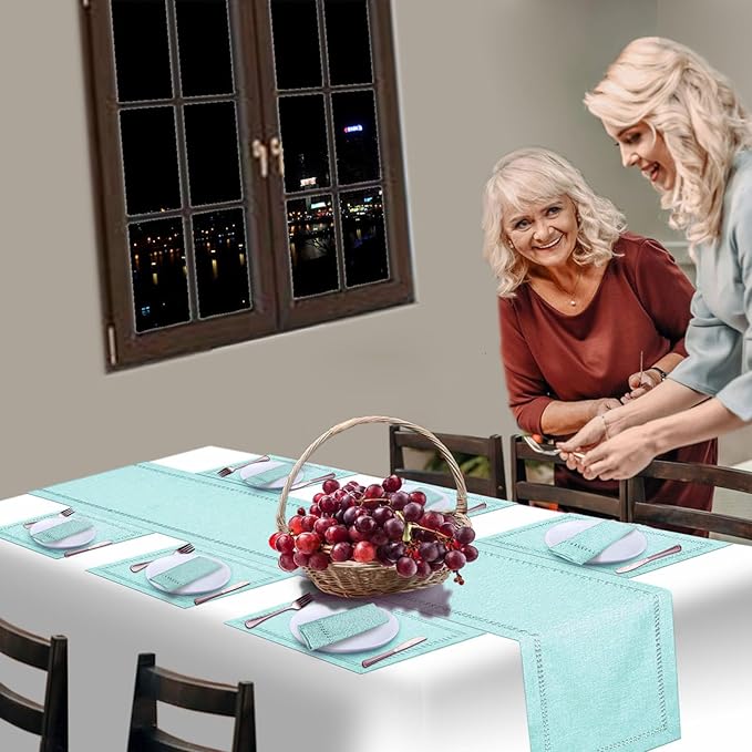 Grelucgo Handcrafted Solid Color Dining Table Runner, Dresser Scarf, Double-Hemstitched (Aqua, 14 x 72)