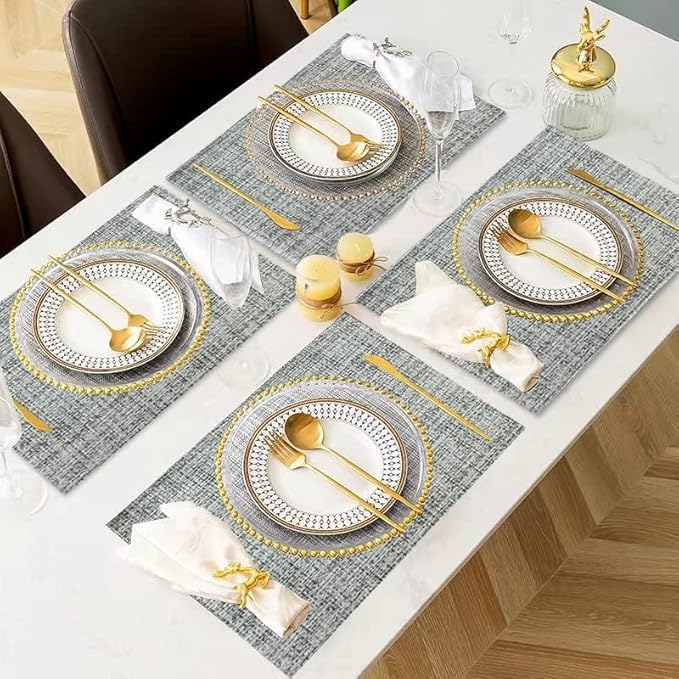 DACHUI Placemats Set of 4, Linen Look Woven Place Mats, Water Resistant, Heat Resistant, Washable, Durable Table Mats (Light Grey)
