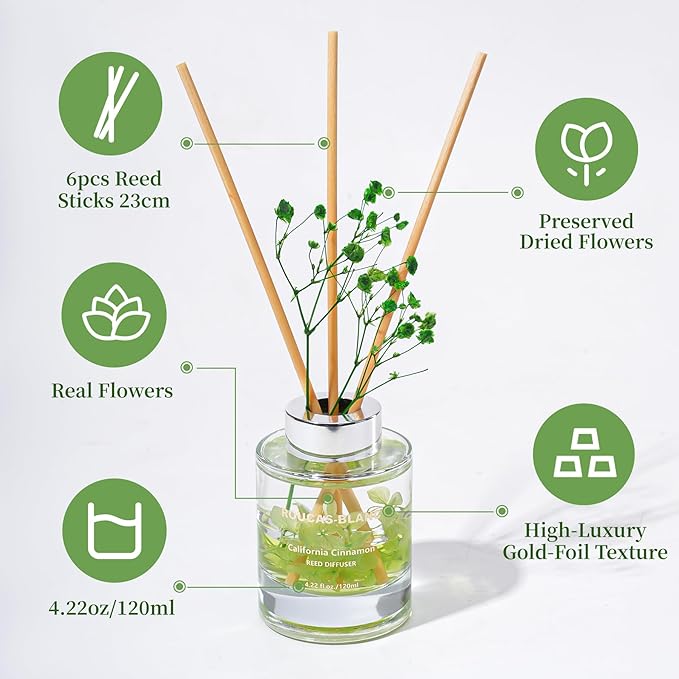 ROUCAS BLANC Reed Diffuser Set with Preserved Flowers, Lemon and Bergamot Scented Diffuser with Sticks, Room Decor & Bathroom Decor, Aromatherapy Home Fragrance Gift Set (California Cinnamon)
