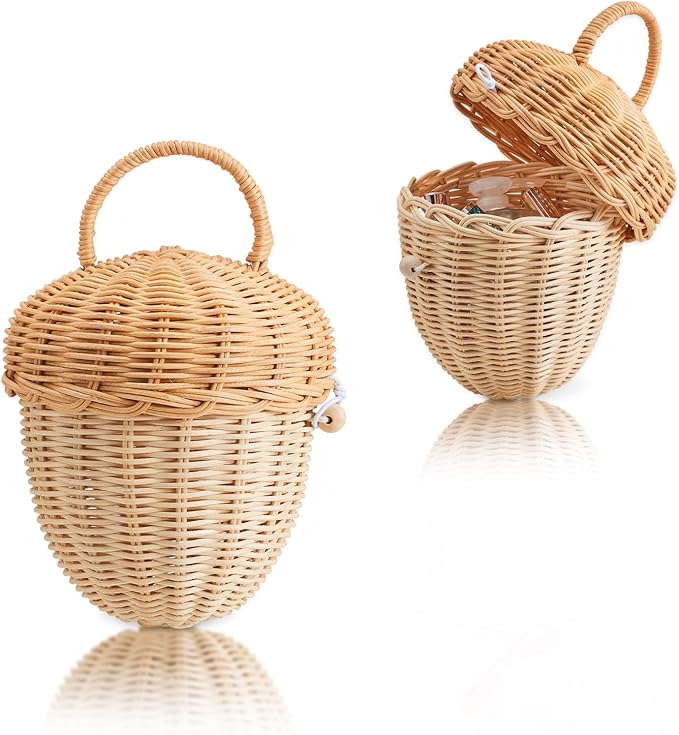 Handmade Wicker Rattan Mushroom-Shaped Storage Basket for Outdoor, Kids, Decor, Photography Props (Acorn-Shaped)