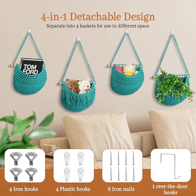 4 Tier Hanging Fruit Basket for Kitchen, 4 Pack Detachable Cotton Crocheted Wall Hanging Baskets Shelf Over Door Organizer for Fruit Veggie Plant, Hanging Storage Basket for Bathroom Bedroom(Aqua)