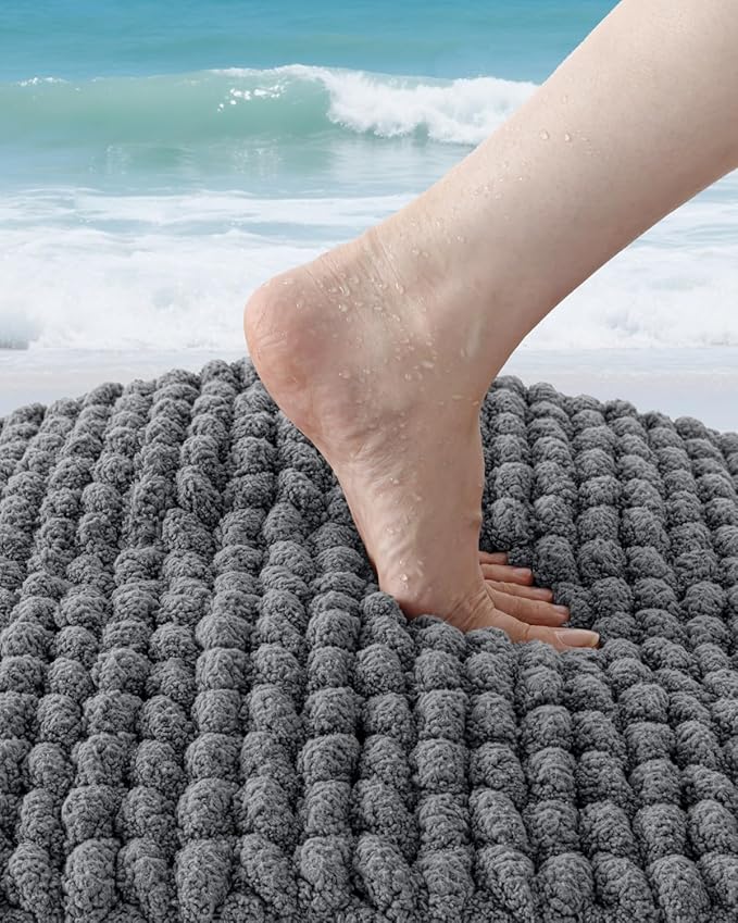 DEXI Bathroom Rugs 17x30, Non Slip Washable Bath Mat, Luxury Chenille Super Absorbent Thick Bathmats for Shower Floor, Plush Fluffy Shaggy Carpet for Tub, Dark Grey