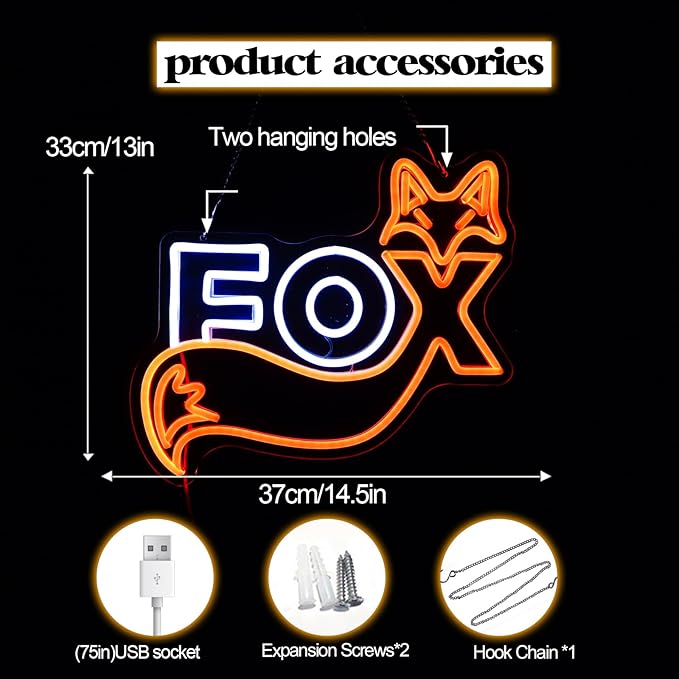 FOX LED Neon Sign,14.5x13 Inch USB Powered,for Room, Game Room & Party Art Wall Decor-Cute Fox Gift 