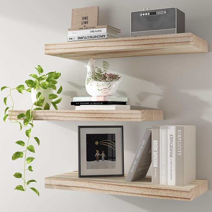 Floating Shelves Wall Shelf Solid Wood Mounted Storage for Bedroom Living Room Set of 3, Rustic Torched Wall Shelves