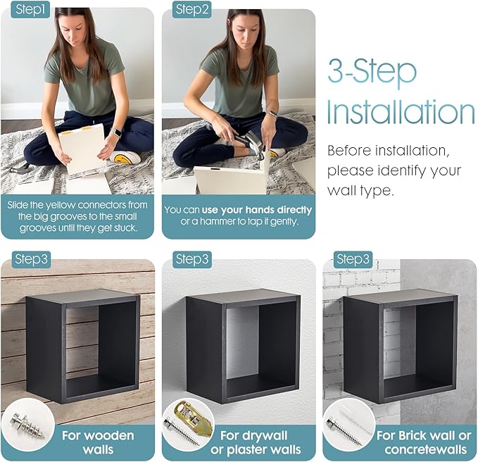 Kaboon Cube Shelves Set2, Black Display Shelves Wall Mount 7.75" D x 12.5" W x 12.5" H, (Black, Square 2 Cubes)