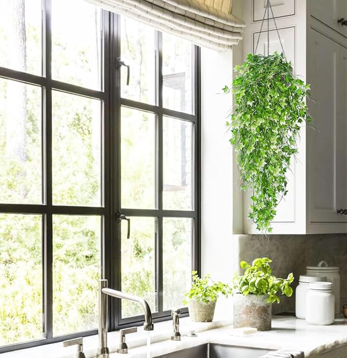 RECUTMS Artificial Hanging Plant - Faux Ivy Vine With White UV Resistant Leaves for Room, Office, Wall Decor (White)