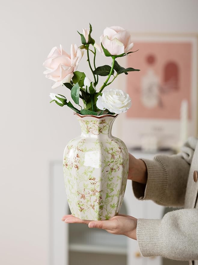Blue and White Vase, Vintage Blue Ceramic Flower Vessel,Ceramic vases for Home Decor,Vintage Green and Beige for Console Table Mantle Chinoiserie Decor (Green and Beige-01, Large)