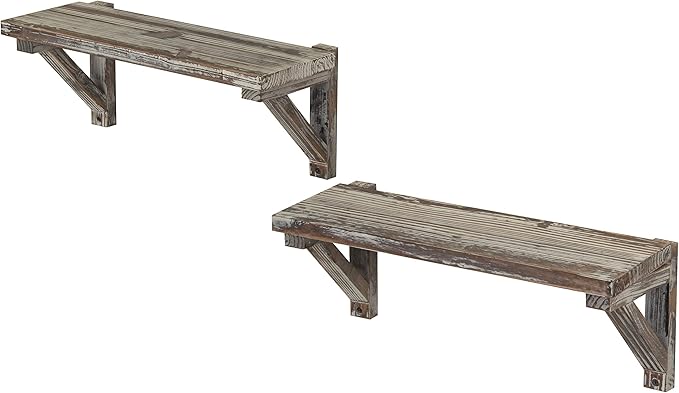 MyGift Wall Mounted Floating Shelves - 16.5 InchTorched Wood Decorative Shelf with Wooden Brackets, Set of 2