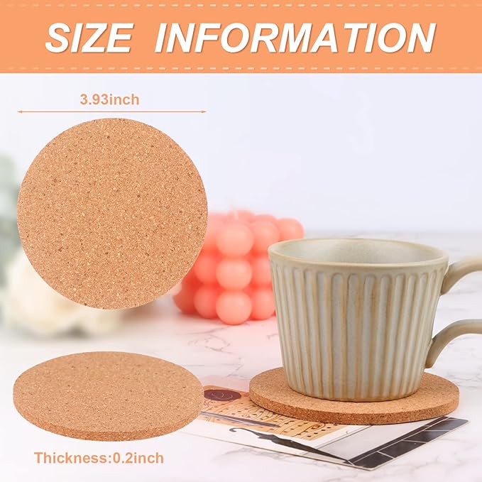 120 PCS Cork Coaster Bulk for Drink Absorbent 4 Inches Tea or Coffee Coaster Set Round Heat Resistant Bar Cup Mat Reusable Table Blank Gift for DIY Craft Holiday Wedding Birthday Party Supply
