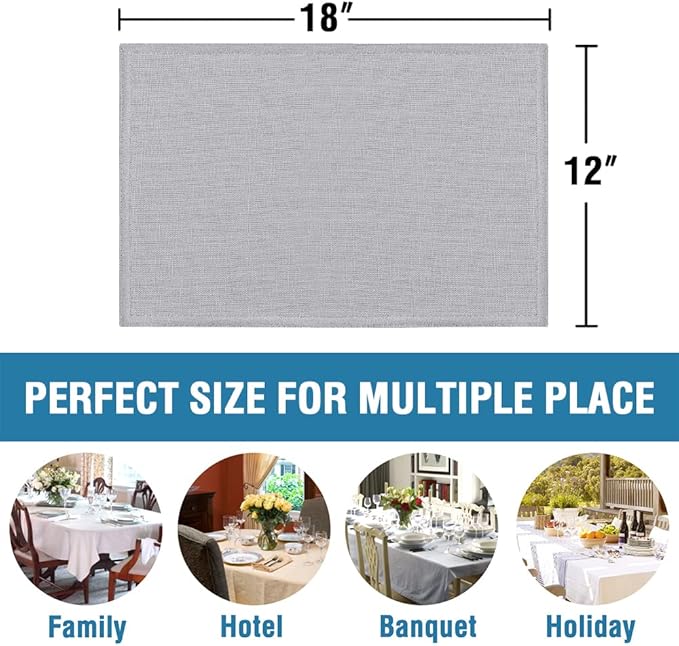 H.VERSAILTEX Linen Placemats Set of 4 Premium Solid Table Placemats for Dining Table Spill-Proof Waterproof Table Mats Heat-Resistant Kitchen Table Mats Washable, 12x18 inches, Grey