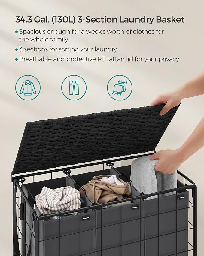 SONGMICS Laundry Hamper, 130L Laundry Basket with Lid, Clothes Hamper with Wheels, Collapsible Removable Liner Bag, Iron-Made Laundry Sorter, Ink Black and Slate Gray ULCB313B11