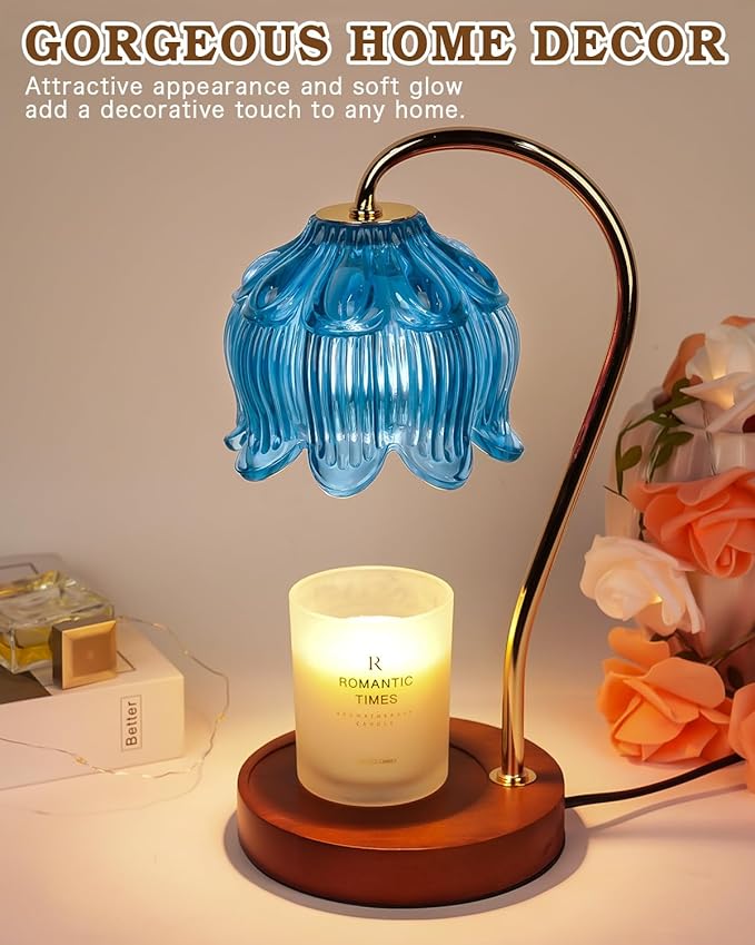 Flower Candle Warmer Lamp with Timer, Blue Candle Lamp Warmer, Birthday Gifts for Women, Mom, Female Friend, Dimmable Glass Lamp Candle Warmer Gifts, Aromatic Candle Wax Warmer for Vintage Home Decor
