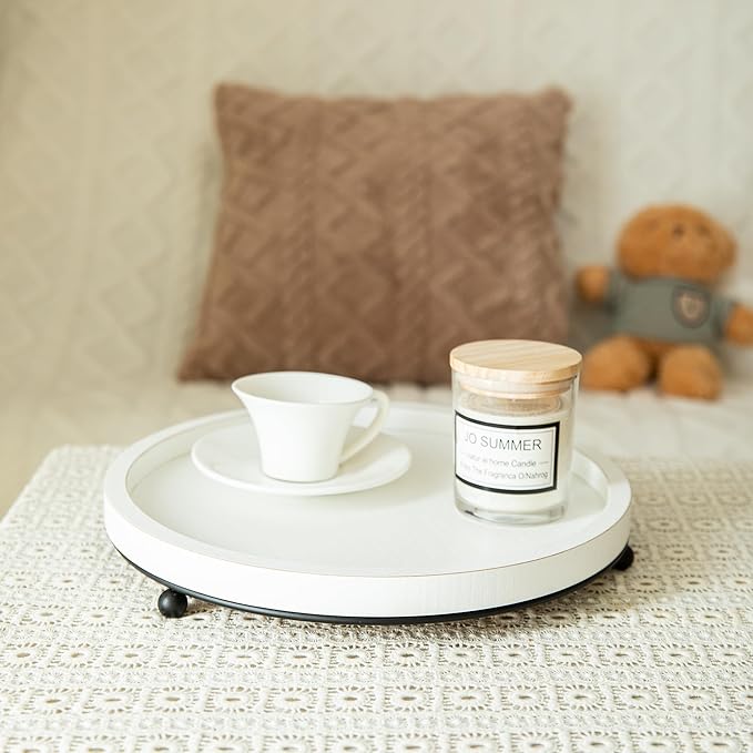 GENMOUS 12in Decorative Tray - White Wood Iron Bead Round Tray for Coffee Table, Rustic Farmhouse Centerpiece for Living Room, Kitchen Table Dining Decor