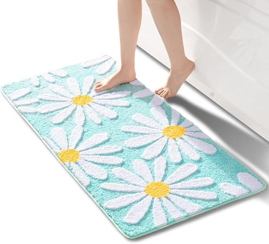 QJHOMO Green Bathroom Rug Cute Daisy Bath Mat White and Yellow Flower Decor Rugs Non Slip Floor Carpet Microfiber Bathmat Super Absorbent Machine Washable Bathtub Mats for Shower (24x48 inch)