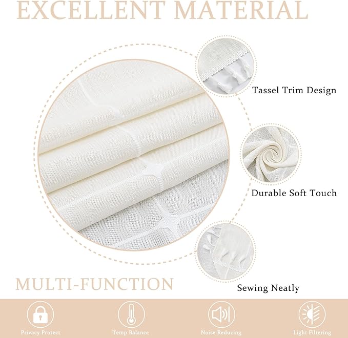 ColorBird White Window Curtains, 2 Panels 63 Inch Farmhouse Window Curtains for Living Room, Embroidery Lattice Linen Darkening Curtain for Dining Bedroom