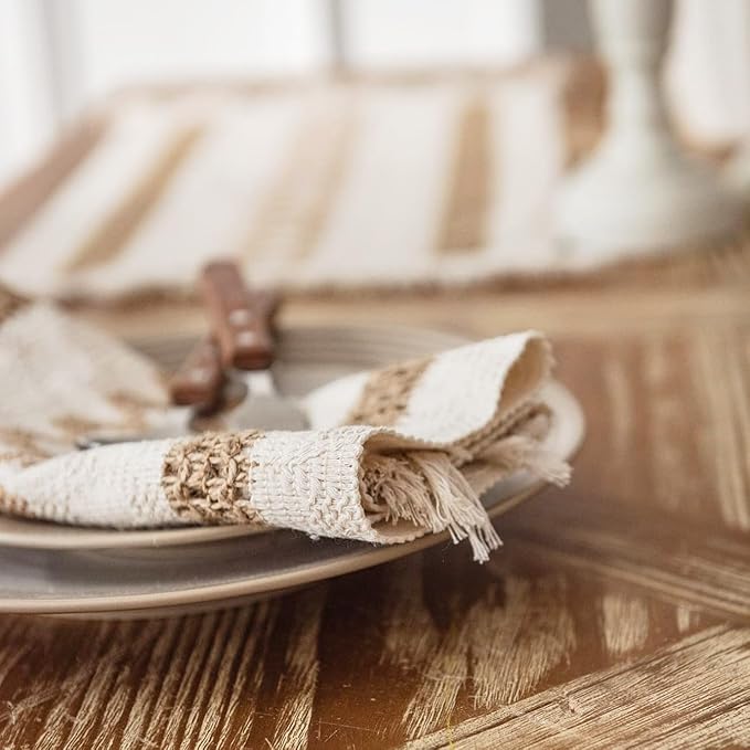 Boho Placemats Set of 4, Burlap Woven Placemat 12x19 Inches, Splicing Woven Rectangular Table Mats, Farmhouse Style Kitchen Table Decor for Rustic Wedding Bridal Shower