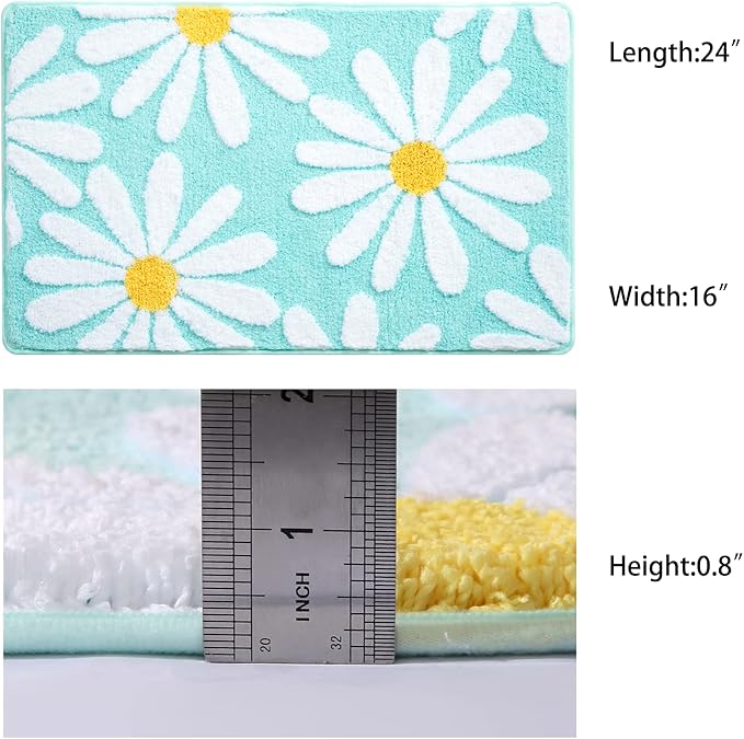 QJHOMO Green Bathroom Rug Cute Daisy Bath Mat White and Yellow Flower Decor Rugs Non Slip Floor Carpet Microfiber Bathmat Super Absorbent Machine Washable Bathtub Mats for Shower (16x24 inch)